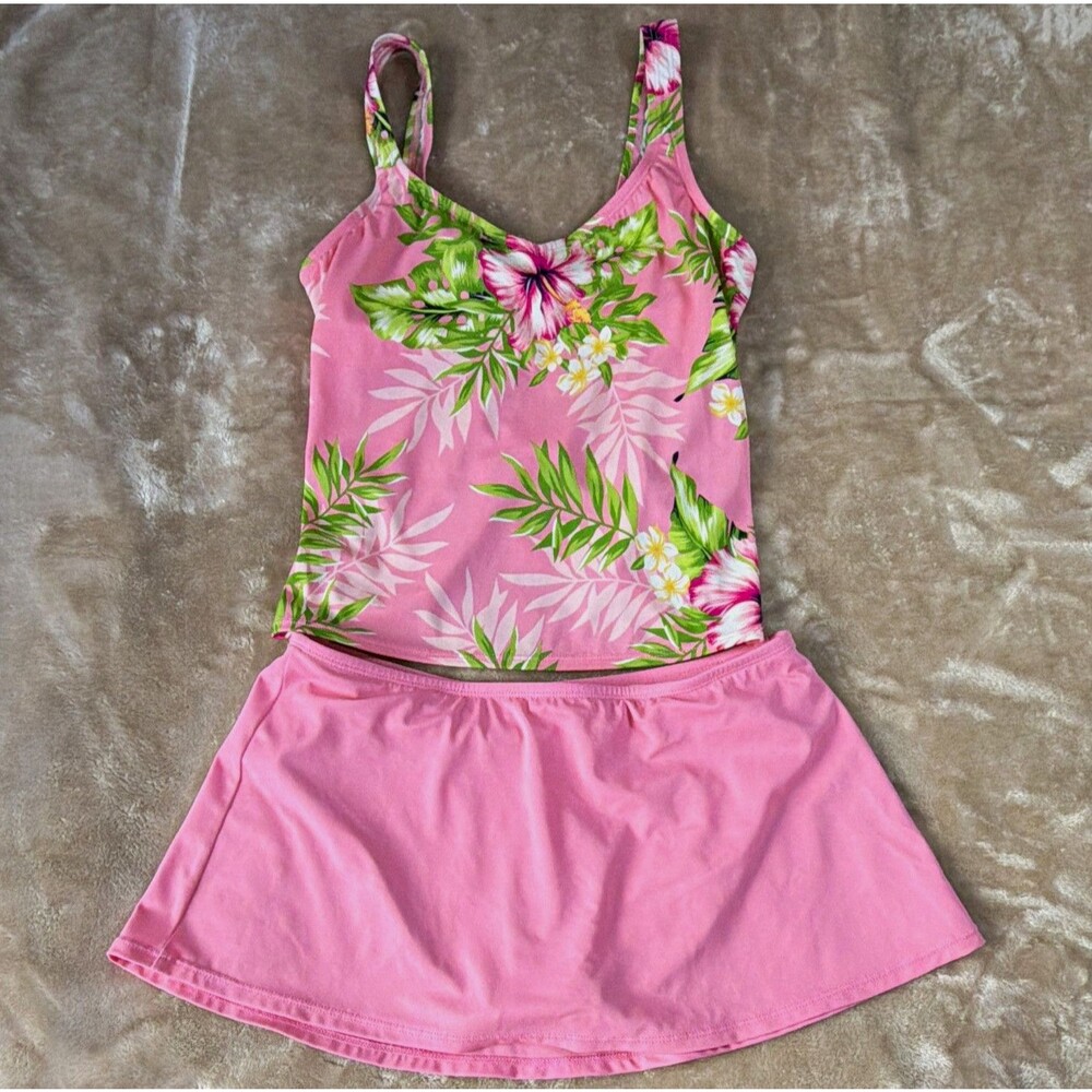 Jantzen Floral Tankini Set Women’s 10 Pink Tank Top Swim Skirt Bottom B Cup